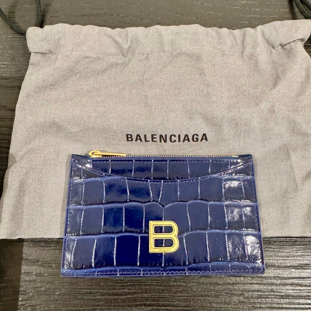 Balenciaga Blue Croc-Embossed Wallet with Gold Zipper